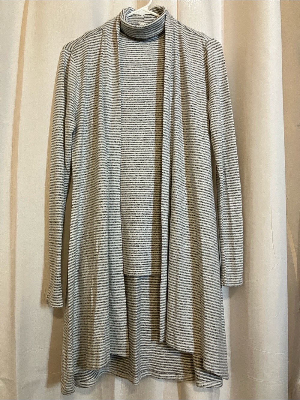 White House Black Market Gray & White Striped Draped Open Twin Set.